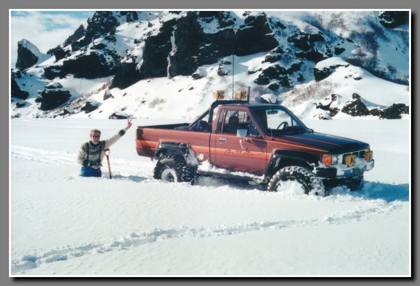 Sigurbjorn triumphant. We were the first ones to reach our destination. Notice how deep the snow is. The Toyota has around 2-3 pounds of air pressure in the tires, which flattens the tires enough to allow it to float on the snow. Just like wearing snowshoes.