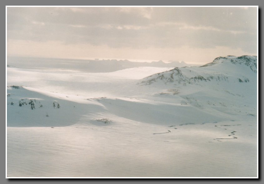 Beautiful view from the foothills of Eyjafjallajokull glacier. The Vestman Islands of the south cost of Iceland can be seen in the background. 